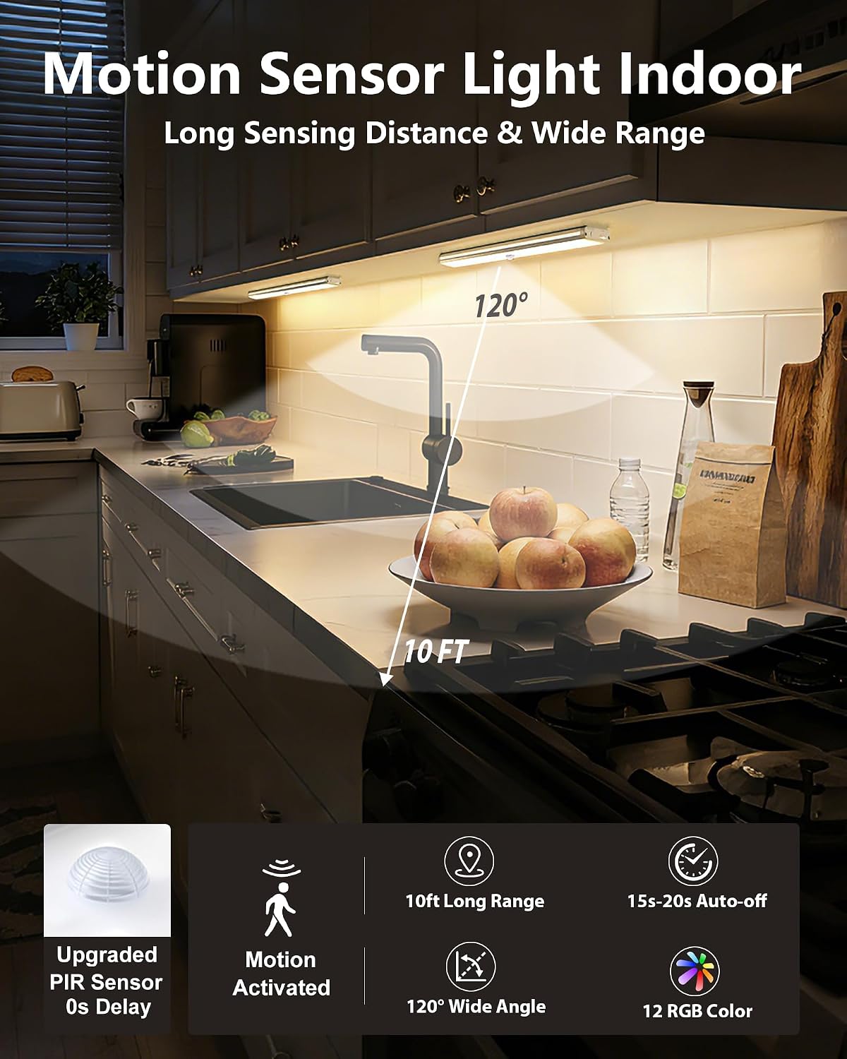 SZOKLED 58-LED Under Cabinet Lighting Wireless, RGB Motion Sensor Night Lights, Magnetic Under Cabinet Lights for Kitchen, Shelf, Stair, 15 Color (4 Pcs)