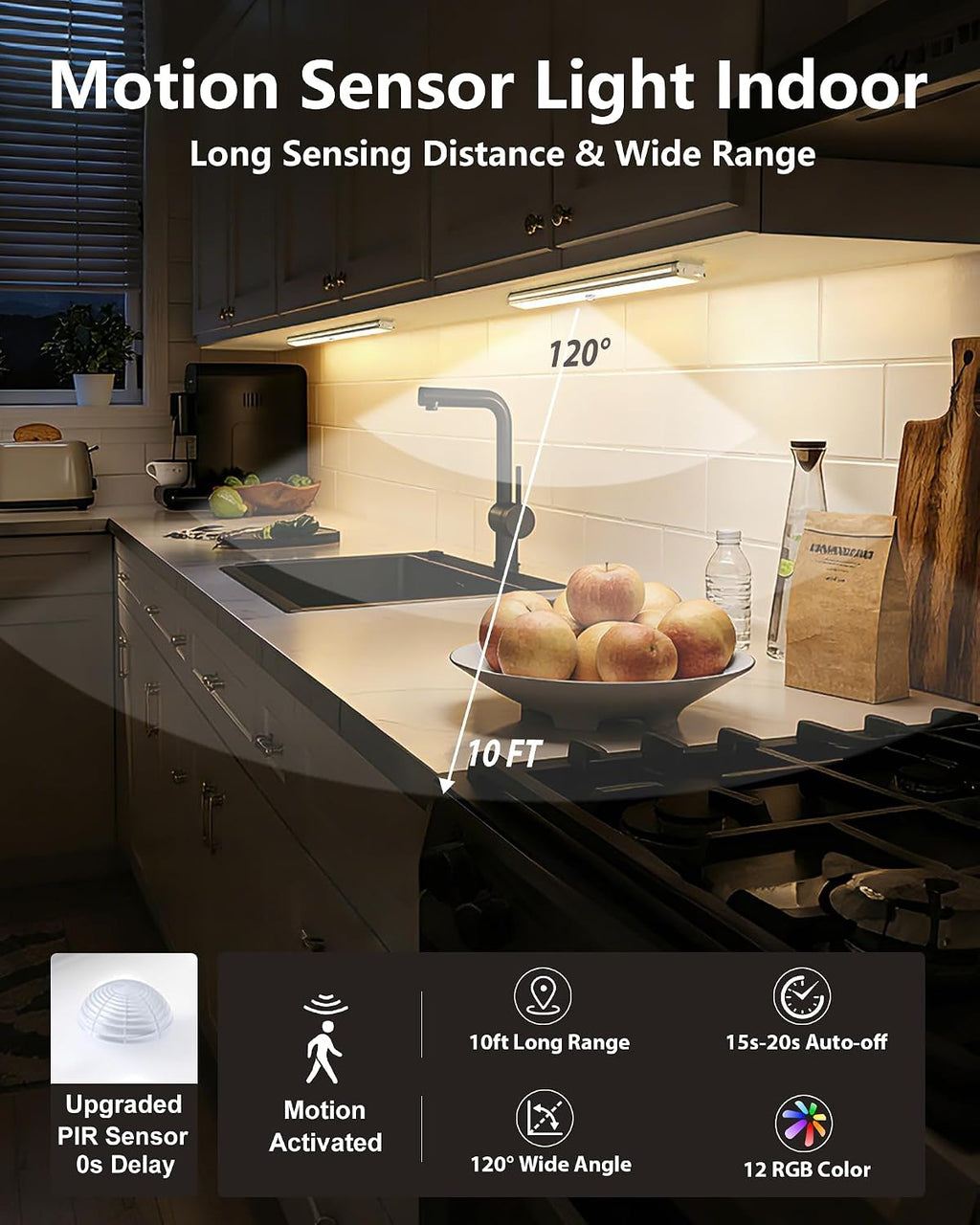 SZOKLED Motion Sensor Night Lights, 58-LED RGB Under Cabinet Lighting Wireless, 1100mAh Rechargeable Under Cabinet Lights Dimmable Closet Lights for Step, Stair, Kitchen,Hallway (2 Pack)
