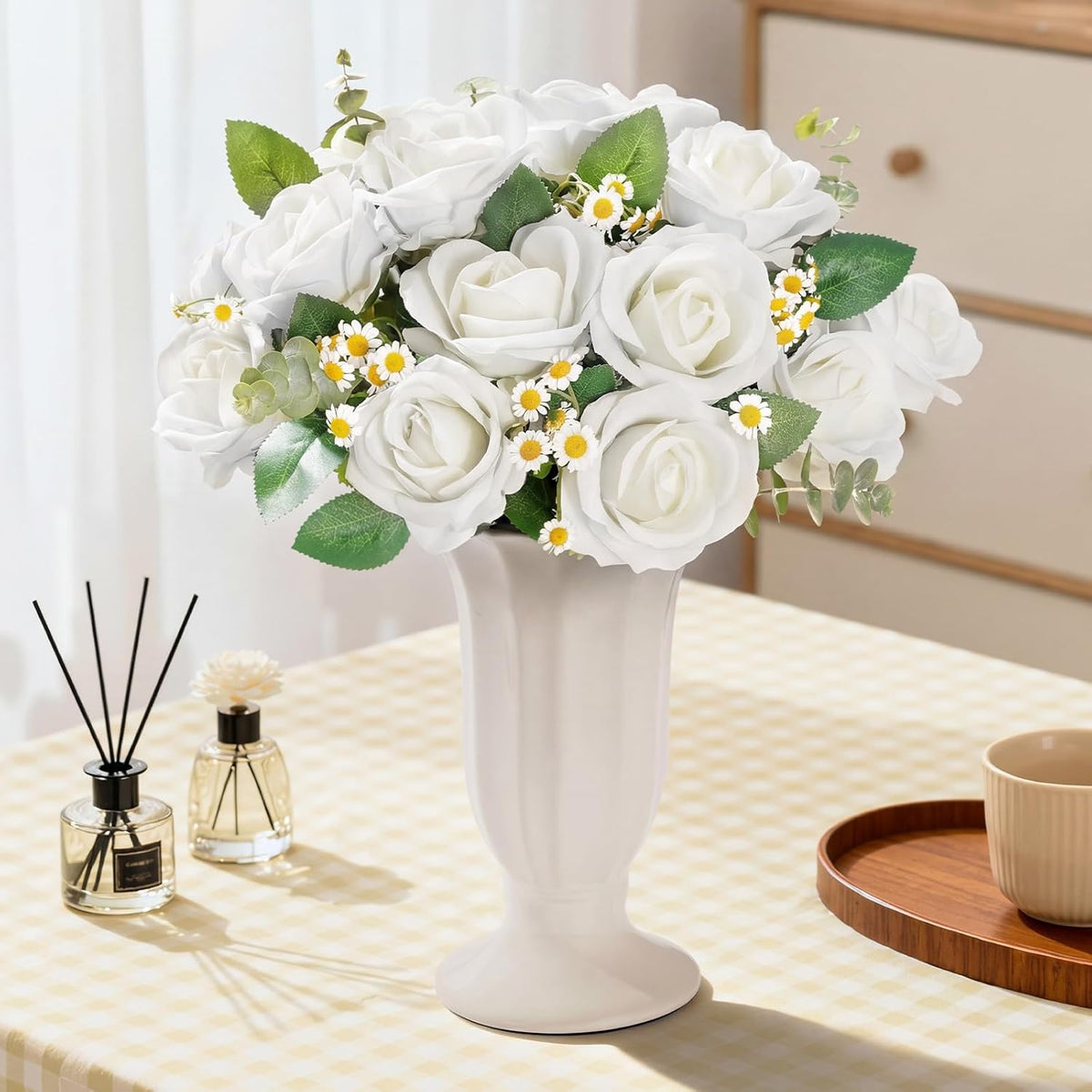Lifewit Classic White Artificial Roses Flowers, Faux Long Stem Roses Bulky