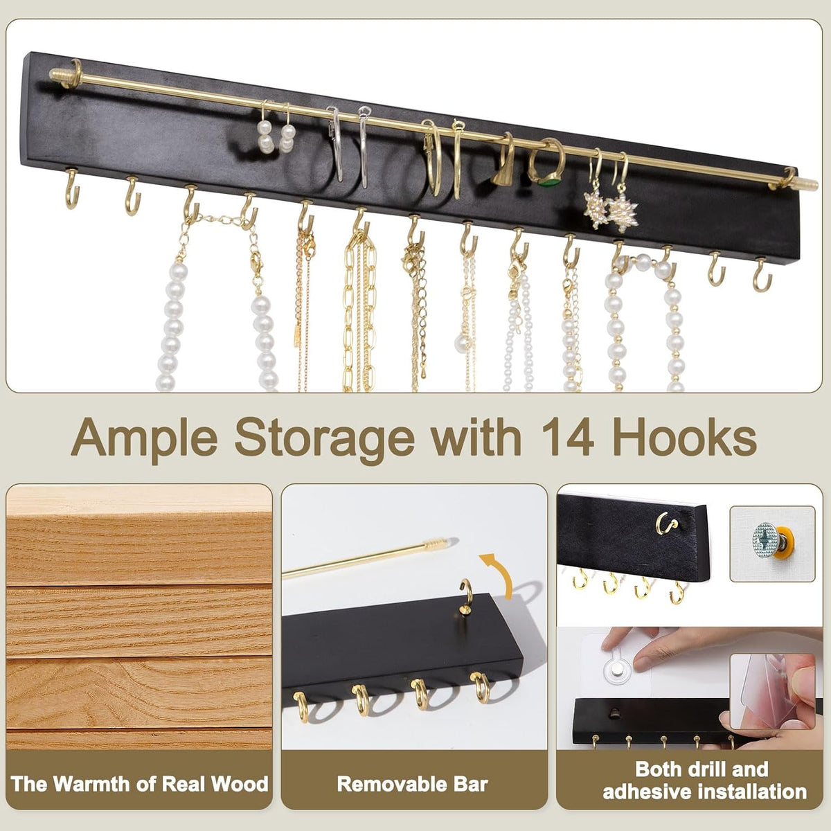Wall Jewelry Holder Organizer, Adhesive Necklace Organizer Wall Mount, Space Saving Jewelry Rack with 14 Hooks and Holder, Wooden Display Shelf for Necklace, Earing, Ring, Bracelet(Black)