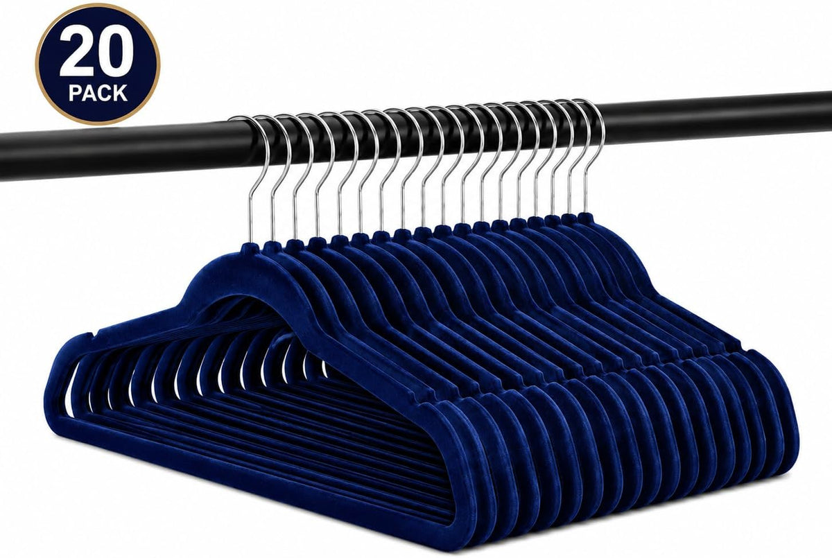 Home Expressions Premium 20 Pack - Ultra Thin No Slip Velvet Suit Swivel Hangers - 21" Extra Wide Strong Velvet Hangers - Space Saving Clothes Hangers - 21x0.2x10 inches (Navy)