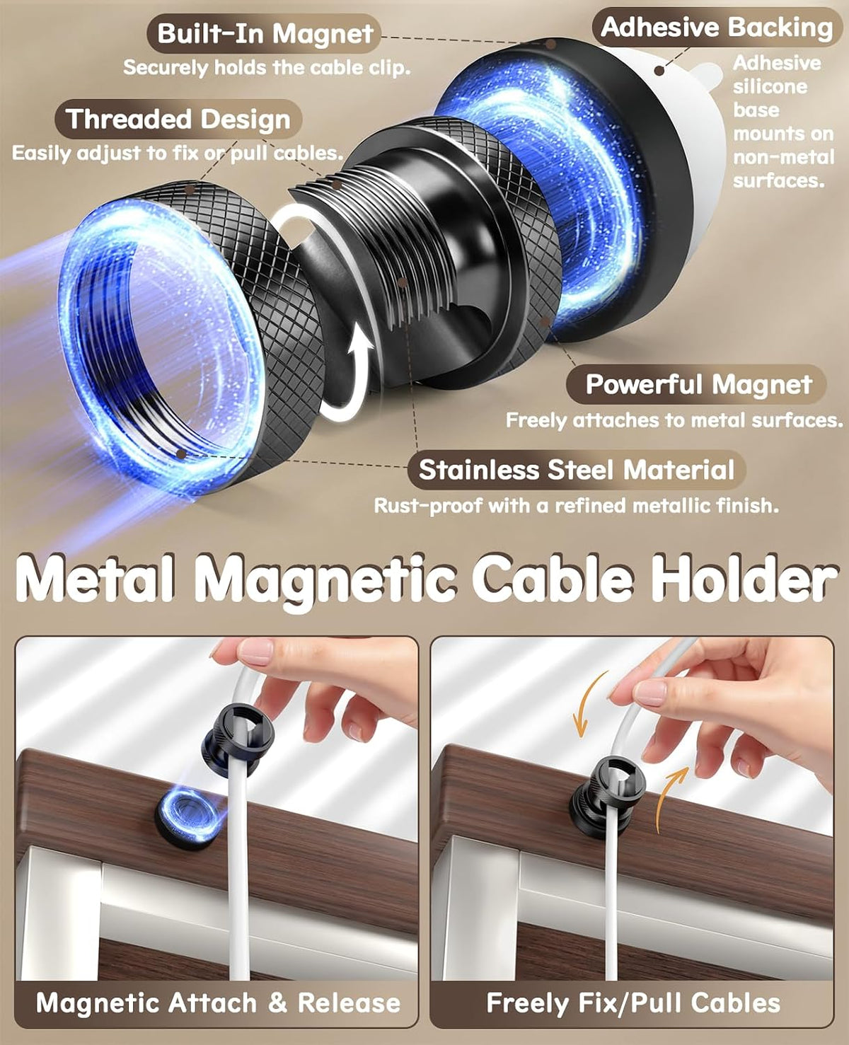 Maveek 8 Pack Magnetic Cable Holders, Cord Anchor for Desk, Metallic Black