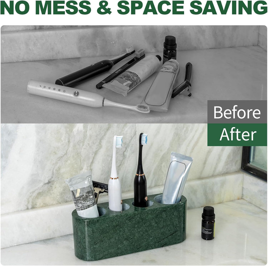 BCS Toothbrush Holder for Bathrooms, 4 Slots Open-Bottom Marble Toothbrush and Toothpaste Holder Stand Bathroom Organizer Countertop for Electric Toothbrush, Floss, Razor, Comb - Italy Green