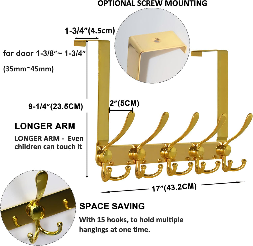 Dseap Over The Door Hook Hanger - Fits 1 3/8" to 1 3/4" Standard Doors | 5 Tri Hooks Heavy Duty Towel/Coat Rack | Door Organizer for Clothes, Jackets, Hats, Towels, Gold