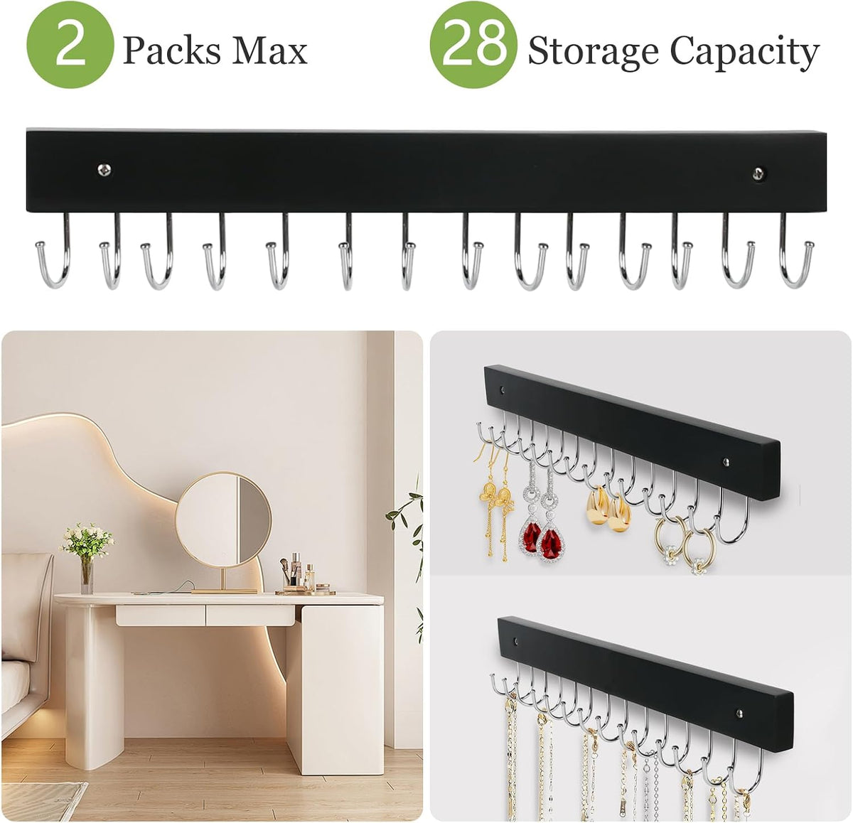 2-Pack Necklace Holder Wall-Mounted Wooden Jewelry Organizer with 28 Hooks