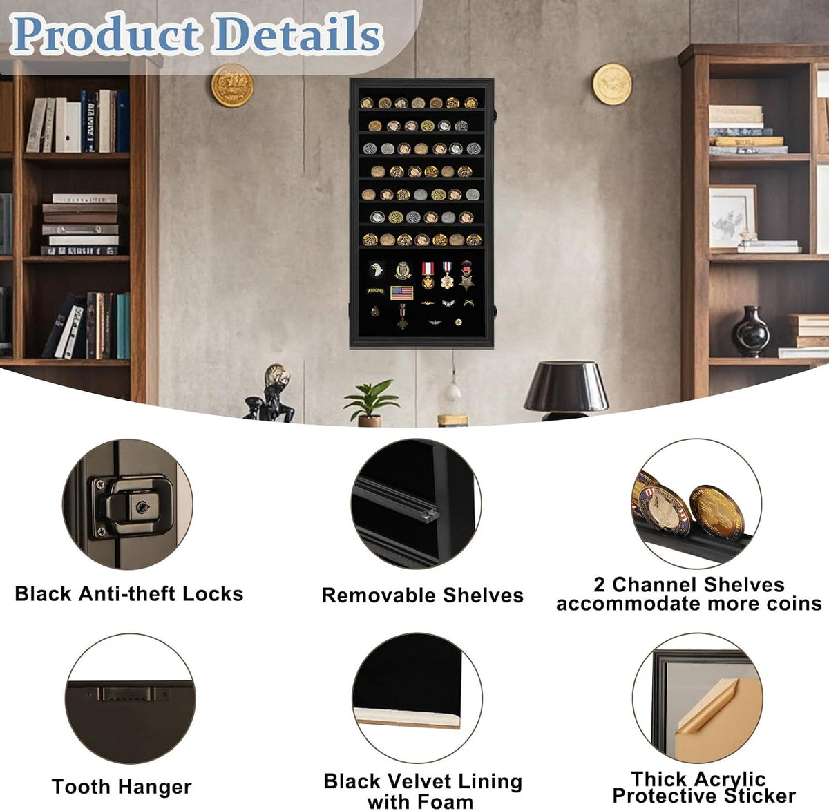 Oversized Military Challenge Coin Display case for Badges & Ribbons Black