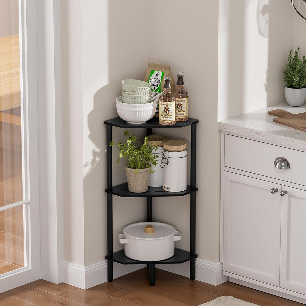 Black Corner Bathroom Shelf, 3 Tier Bamboo Kitchen Corner Shelves, Display Shelf, Shower Corner Caddy, Indoor Plant Stand Balcony, Freestanding Storage Organizer Stand for Living Room, Small Spaces