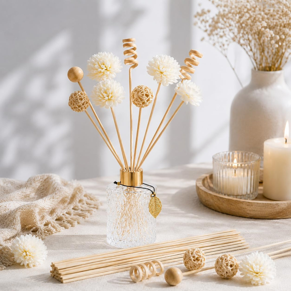 Glass Reed Diffusers Bottles for Home, Diffuser Bottles with Reed Diffuser Sticks Set, Vintage Embossed Apothecary Style Flower Bud Vases with Cork Lids, Set of 6