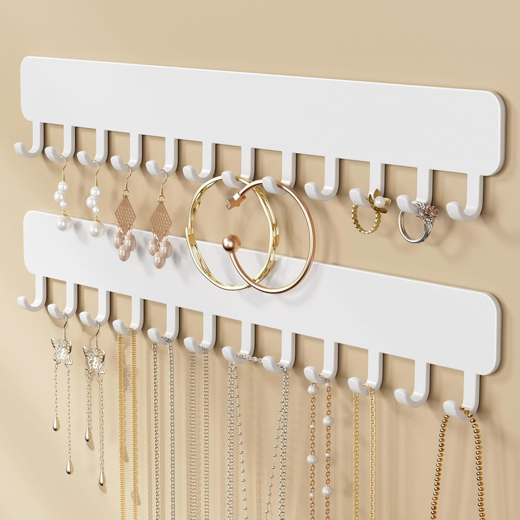 Wall-Mounted Jewelry Organizer, Self-Adhesive Hanging Holder with Hooks for Necklaces, Bracelets, Earrings - Display Storage for Women, 2PCS,White