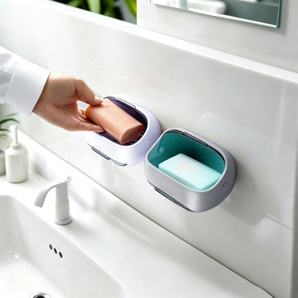 Wall-Mounted Soap Dish with Lid, Soap Holder for Shower, 2Pack WHT