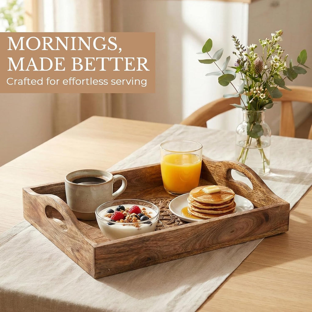 Ajuny Wooden Serving Trays Set of 3 with Handles, Hand Carved Flower Design