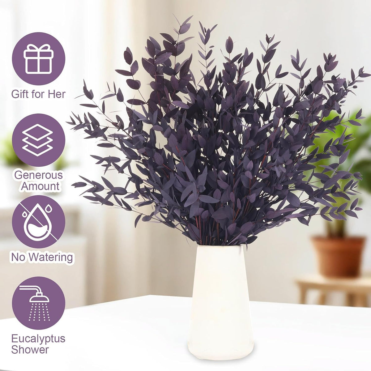 7-12 Pcs Preserved Eucalyptus Stems, 14-17" Purple Leaves for Vase Filler