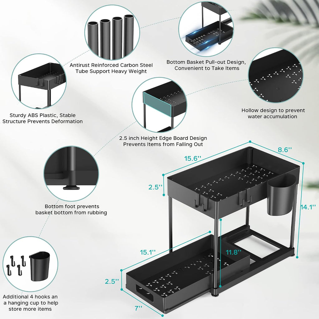 2 Pack Under Sink Organizer with Pull-Out Drawer, Black
