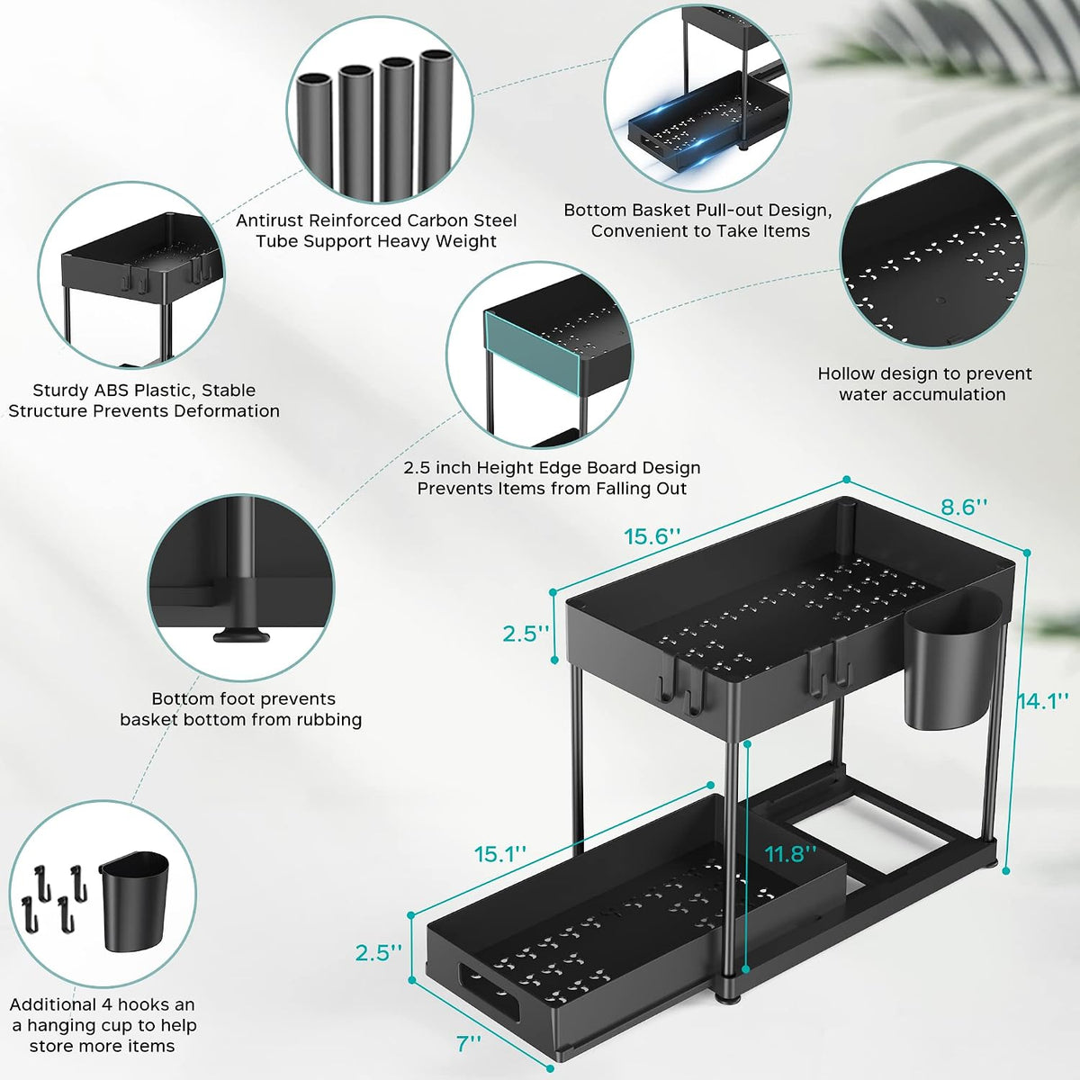 2 Pack Under Sink Organizer with Pull-Out Drawer, Black