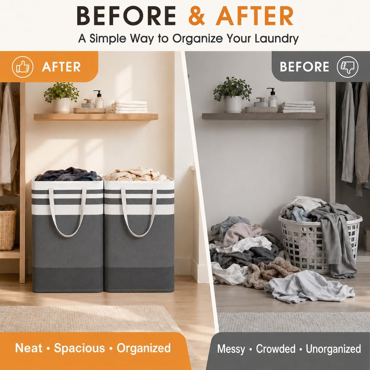 BOOMIBOO 2 Pack Large Laundry Basket,Waterproof Freestanding Laundry Hamper,Collapsible Clothes Basket with Easy Carry Handles in Laundry Room Bathroom Bedroom Dorm,Gradient Grey,100L
