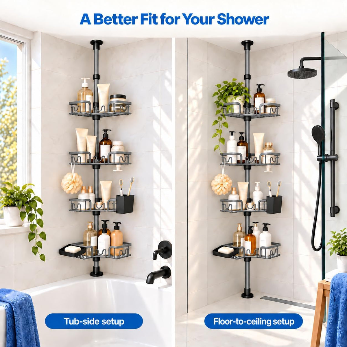 4-Tier Corner Shower Caddy Tension Pole, Floor to Ceiling Shower Corner Shelf Organizer with Soap Hold No-Drill 23.6-114.5 Inch Gray
