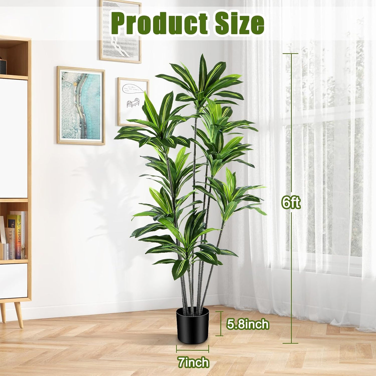 Dracaena Artificial Plant Indoor 6FT - Large Tropical Fake Tree with Lifelike Leaves - Tall Faux Floor Plant in Pot - Artificial Dracaena Tree Indoor for Home Office Living Room Decor