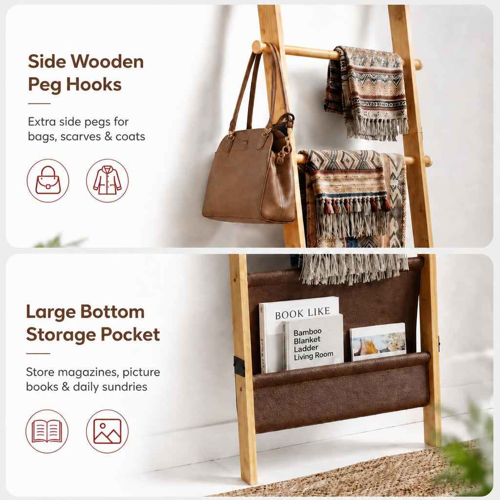 BAMBANG 71" 4-in-1 Blanket Ladder for Living Room, 5-Tier Leaning Bamboo Decorative Towel & Quilt Rack with Magazine Leather Pocket, 4 Detachable Hanging Bars, Space-Saving Shelf for Bedroom (Natural)