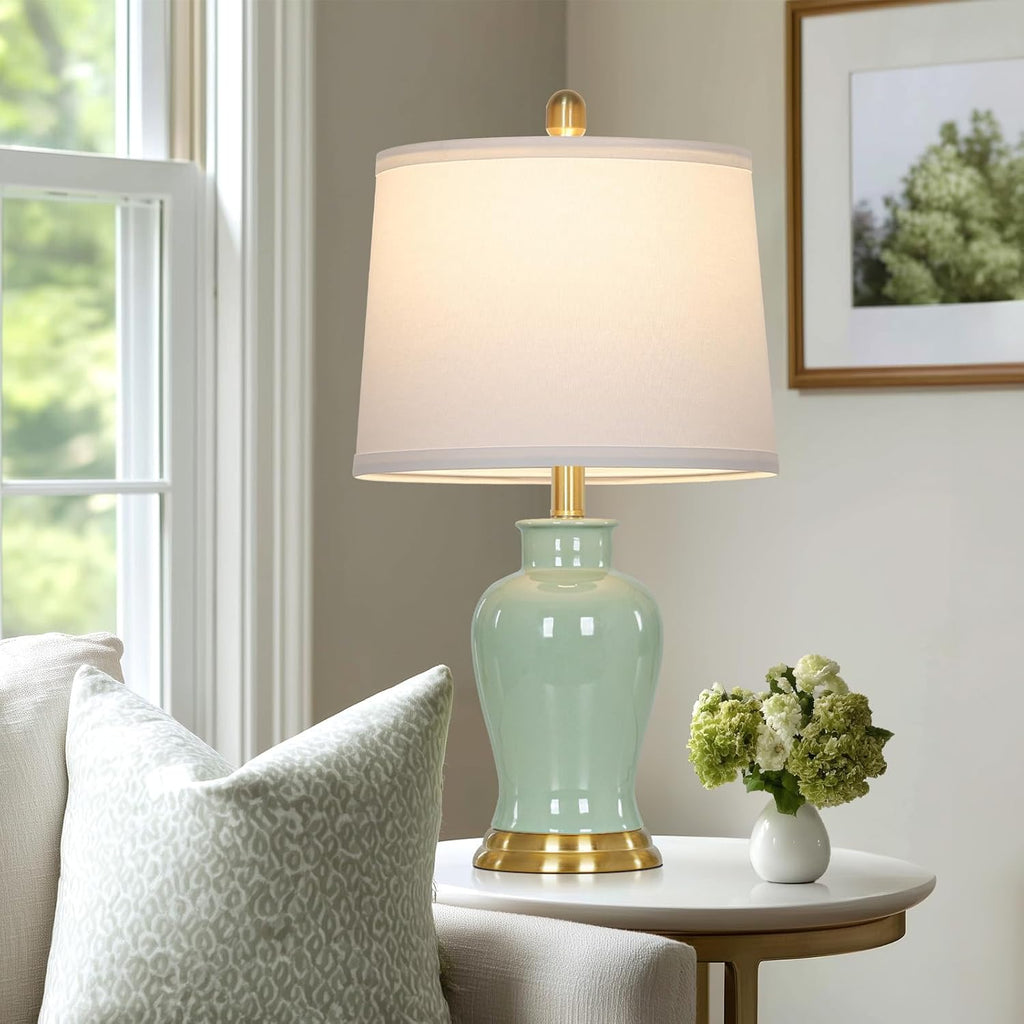 Ruzectt Green Ceramic Lamps Set of 2, 23" Modern Table Lamps for Living Room, Classic Bedside Lamp with Ginger Jar Design, Elegant Bedroom Lamp for Night Stand Desk Side End Table Home Decor