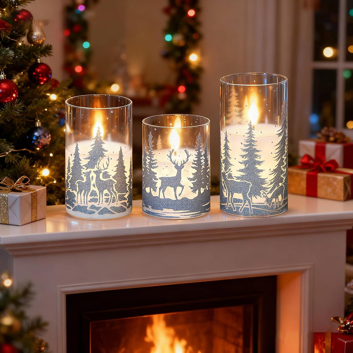 Christmas Deer LED Glass Flameless Candles Battery Operated Remote Timer