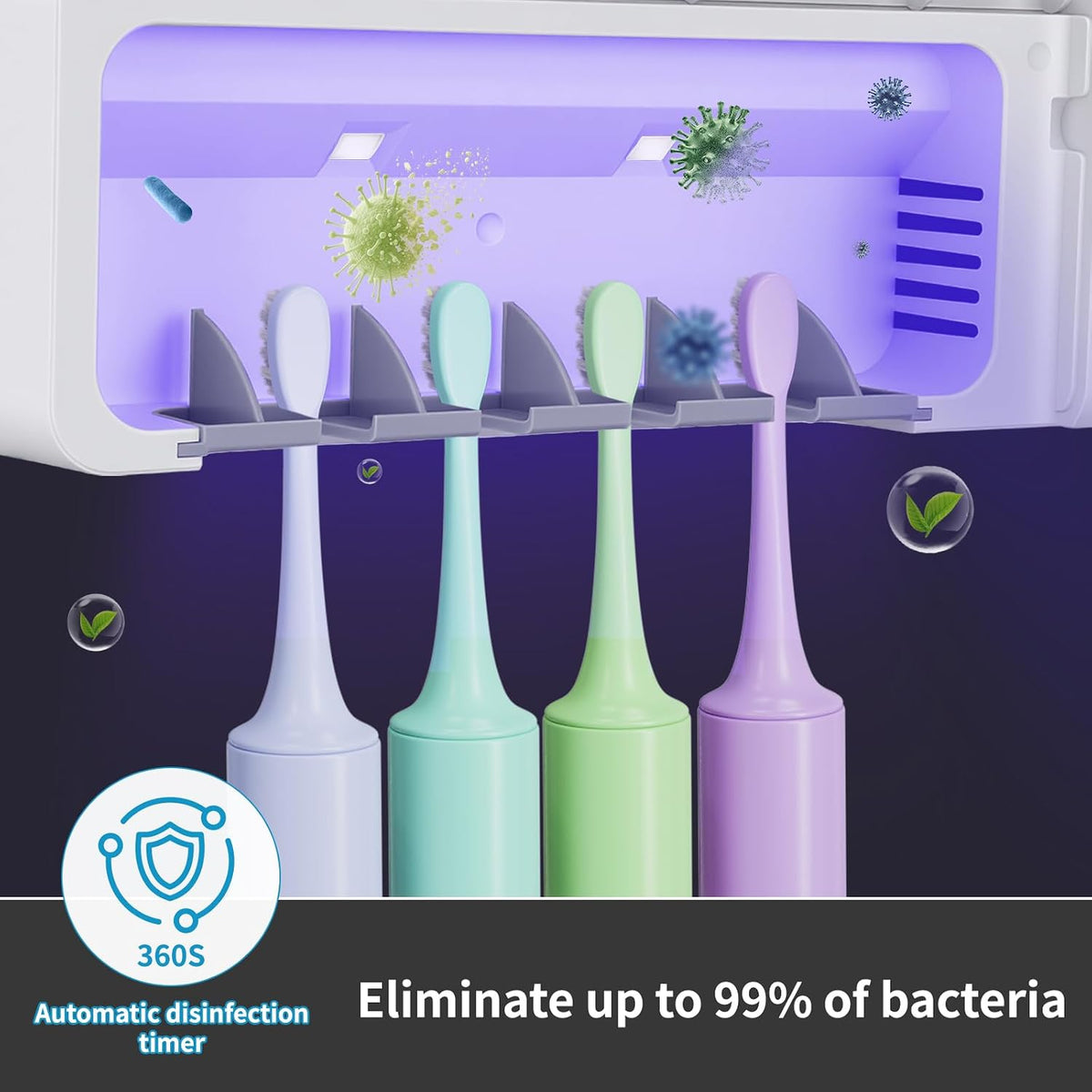 UV Toothbrush Sanitizer Holder w/Charger & 3 Premium Toothbrushes