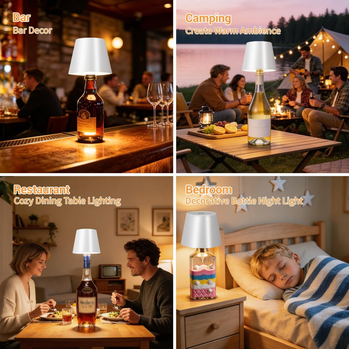 Wireless Bottle Lamp, Wireless Bottle Lamp Shade with 3 Color Temperature, Rechargeable Stepless Dimming LED Wine Bottle Lights for Any Bottle, Desk Lamp for Bedroom Restaurant Bar - Gold
