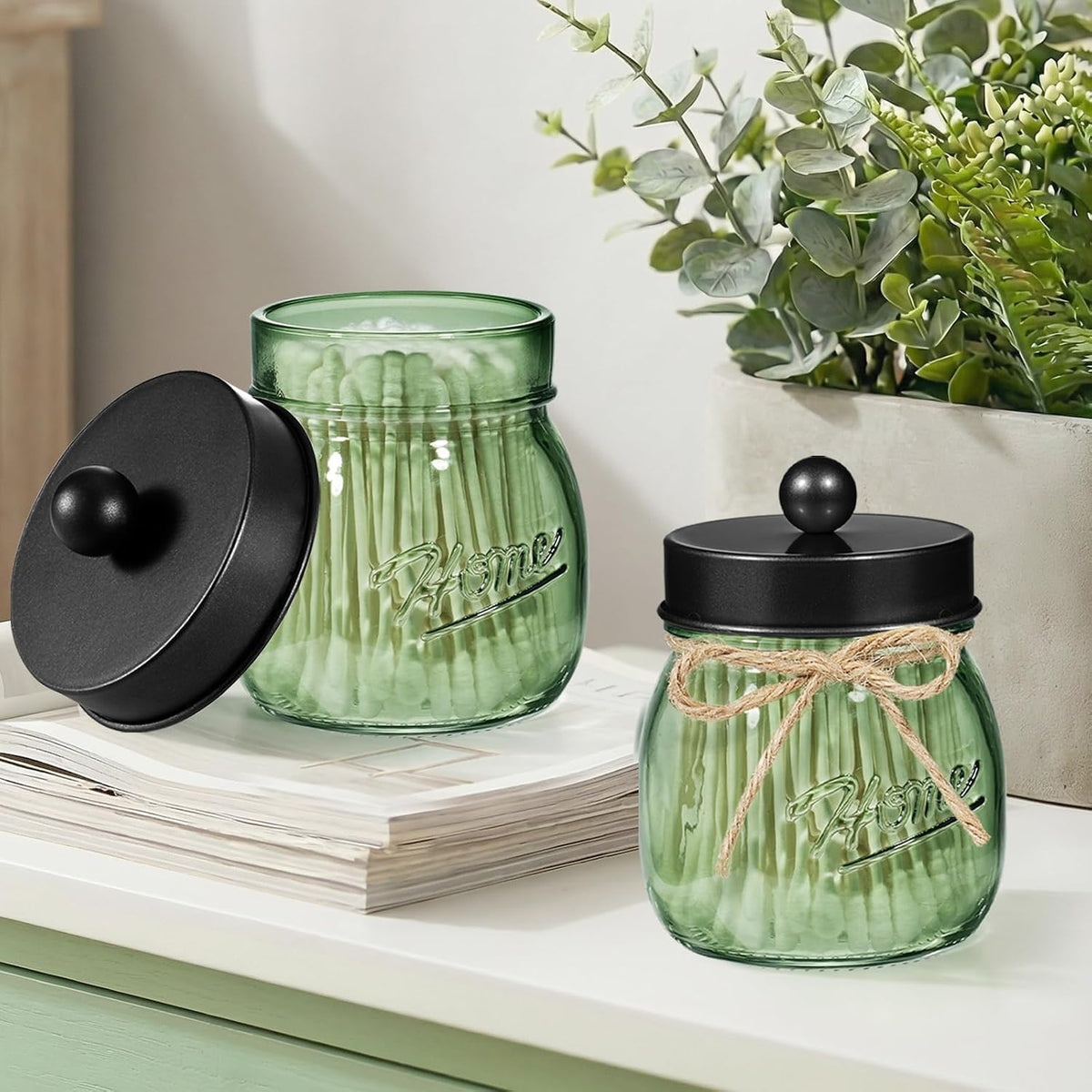 SheeChung Green Glass Mason Jar Qtip Holder Dispenser with Black Metal Lid