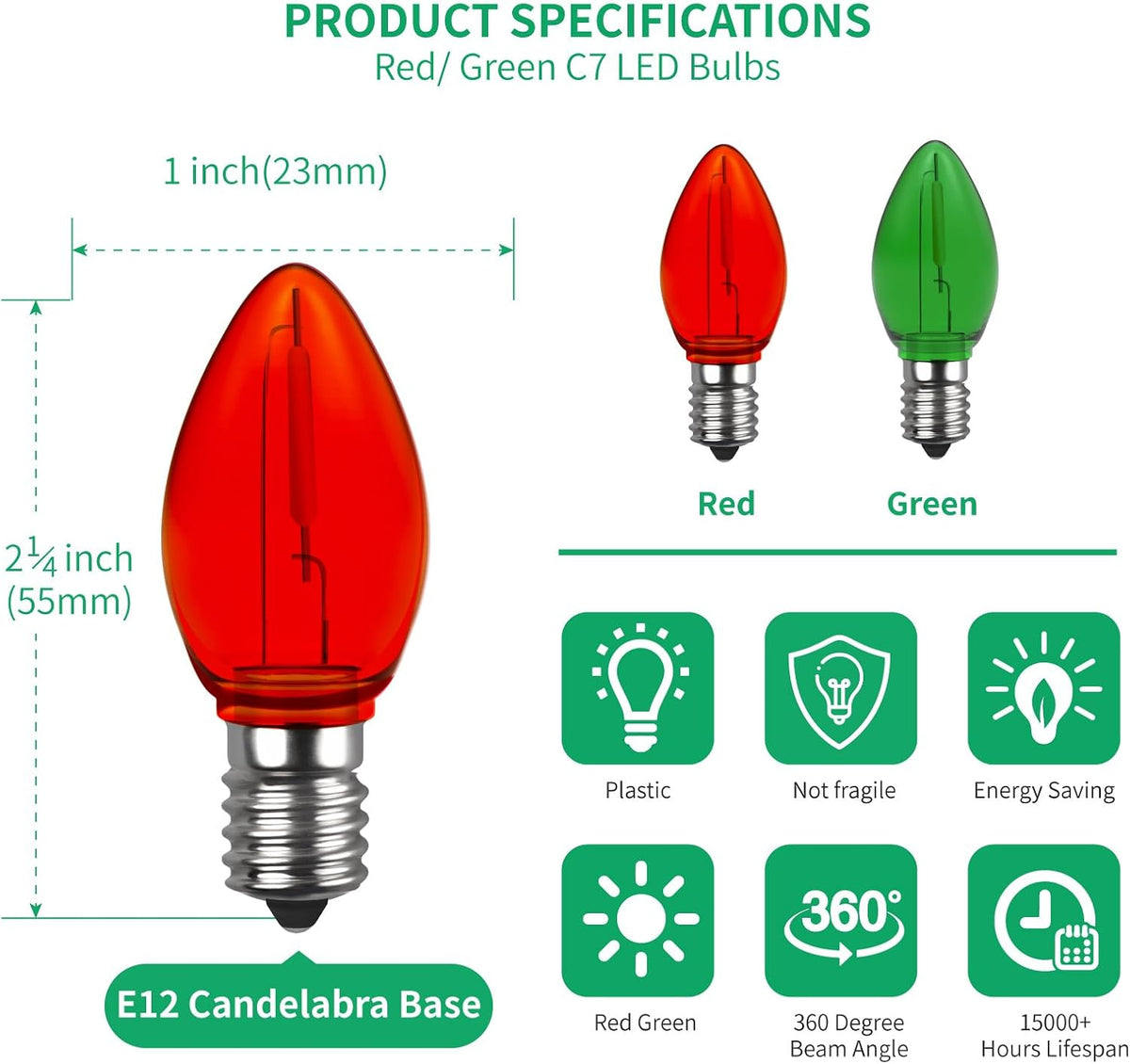 Meconard 25 Pack C7 LED Night Light Bulbs, E12 Candelabra Base, Red Green