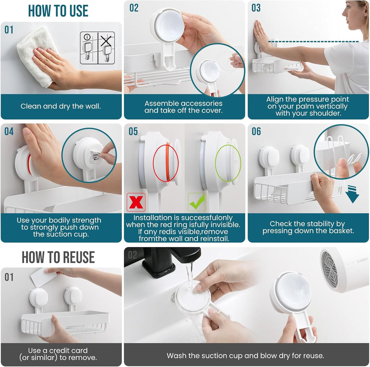 TAILI Shower Caddy Suction Cup Rustproof Metal Visible indicator White
