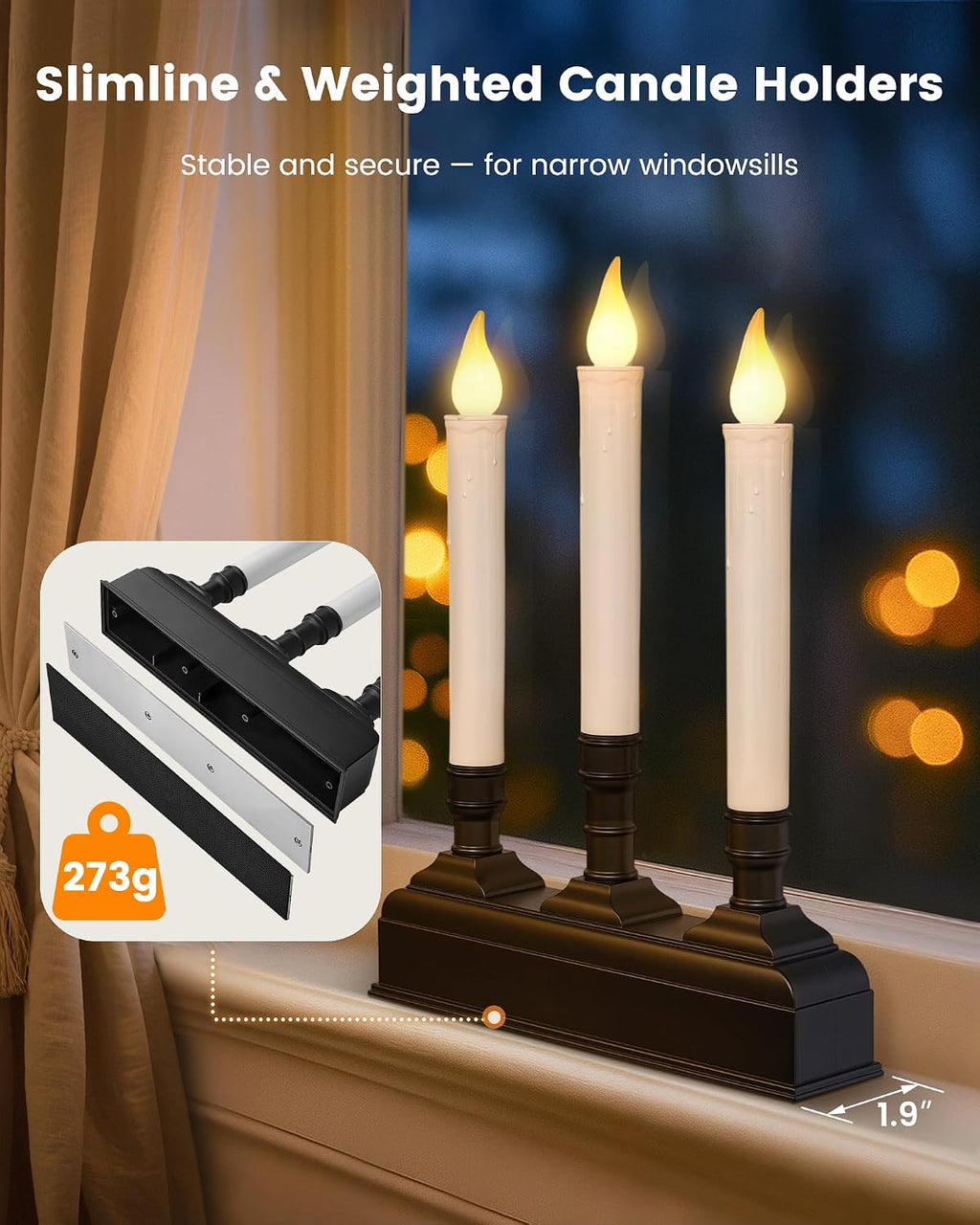 SURAIELEC Christmas Battery Window Candles, Remote 3-Light Candolier Window Candle, Flameless 3000K LED Candles, 1.9" Narrow Base, Chritmas Window Candle for Window, Mantel, Dinning Table, 1-Pack