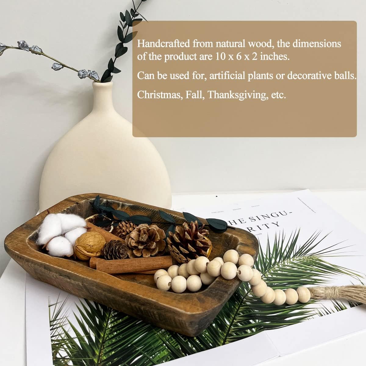 Wooden Dough Bowls Decorative，Rustic Bread Long Bowls Decor Wood Tray, Hand Carved For Table Centerpiece Decor, Home Decor (10 * 6 * 2 inch Brown)