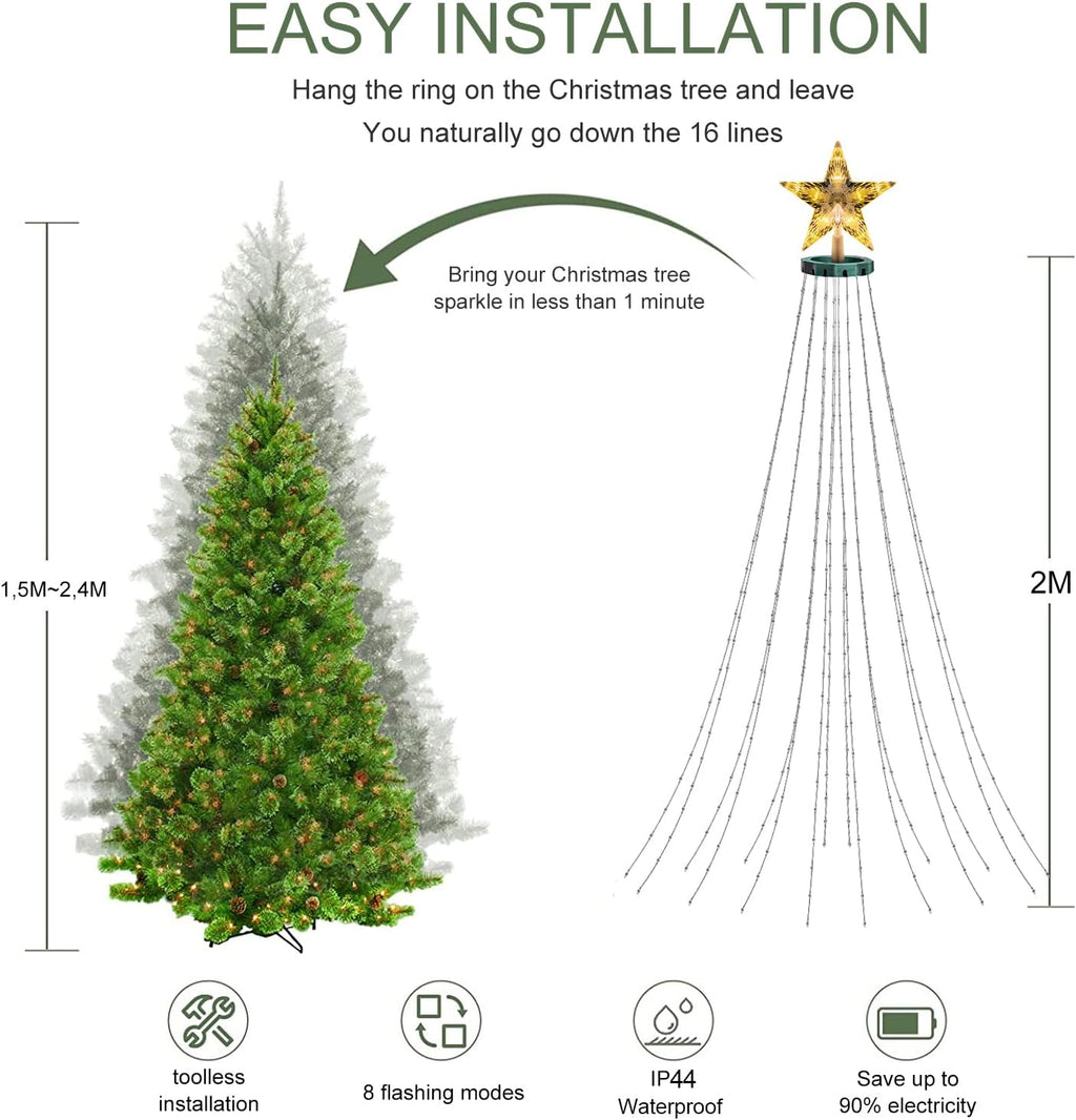 Christmas Tree Lights with Star Topper, 400LED Christmas String Lights with Ring for Tree, 6.6FT x 16 Lines Fairy Lights with 8 Modes Timer Remote for Indoor Outdoor Xmas Tree Decor, Warm White