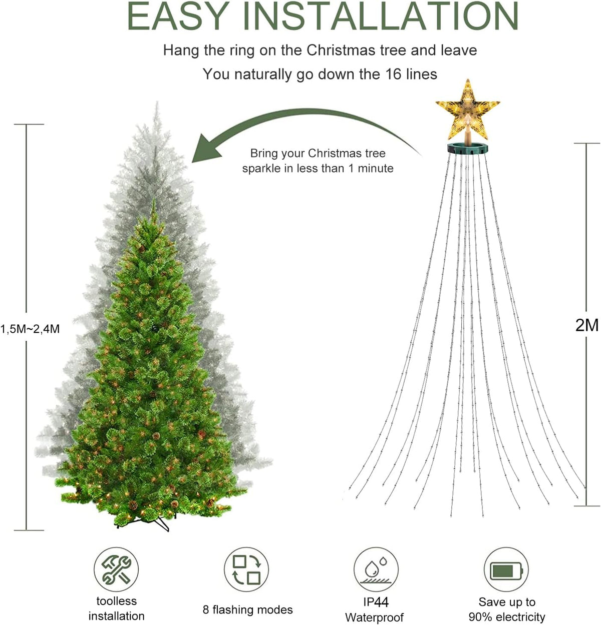 Christmas Tree Lights with Star Topper, 400LED Christmas String Lights with Ring for Tree, 6.6FT x 16 Lines Fairy Lights with 8 Modes Timer Remote for Indoor Outdoor Xmas Tree Decor, Warm White