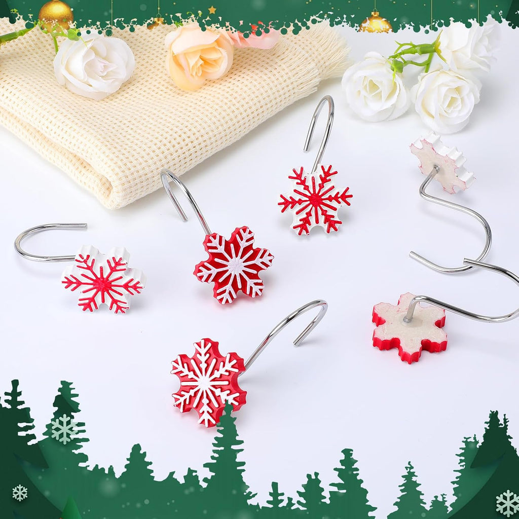 CroBlissful 12 Pcs Christmas Winter Snowflake Shower Curtain Hooks 4 Styles Snowflakes Curtain Hangers Hooks Red White Winter Decorative Rings for Bathroom Restroom Rods Wall Decor