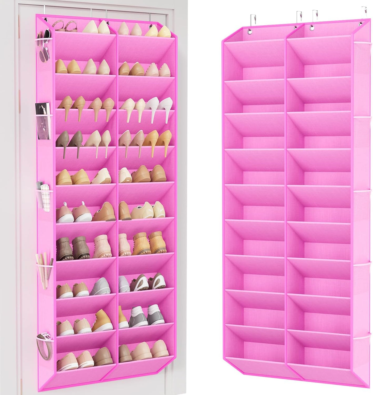 LANTEFUL Over the Door Shoe Organizer, Hanging Shoe Rack for Closet Door Shoe Storage for 30 Pairs Sneaker and Boots, Large Shoe Holder for Door with 10 Side Pockets, Space Saving, Pink