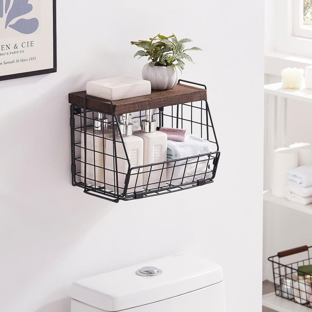 Wall Hanging Baskets 2 Pack Wooden Top Floating Wire Shelves (Large)