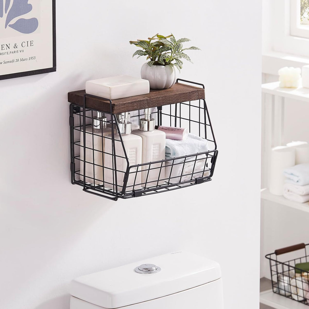 Wall Hanging Baskets 2 Pack Wooden Top Floating Wire Shelves (Large)