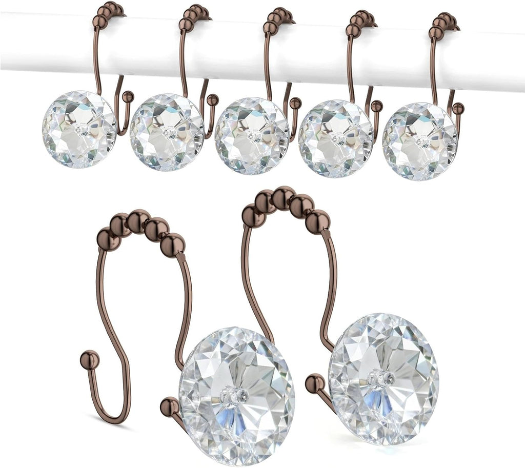 Goowin Shower Curtain Hooks, Crystal Shower Curtain Rings, Stainless Steel Shower Curtain Hangers, Metal Shower Rings for Curtain, Decorative Double Shower Hooks for Shower Curtain & Liner, Bronze