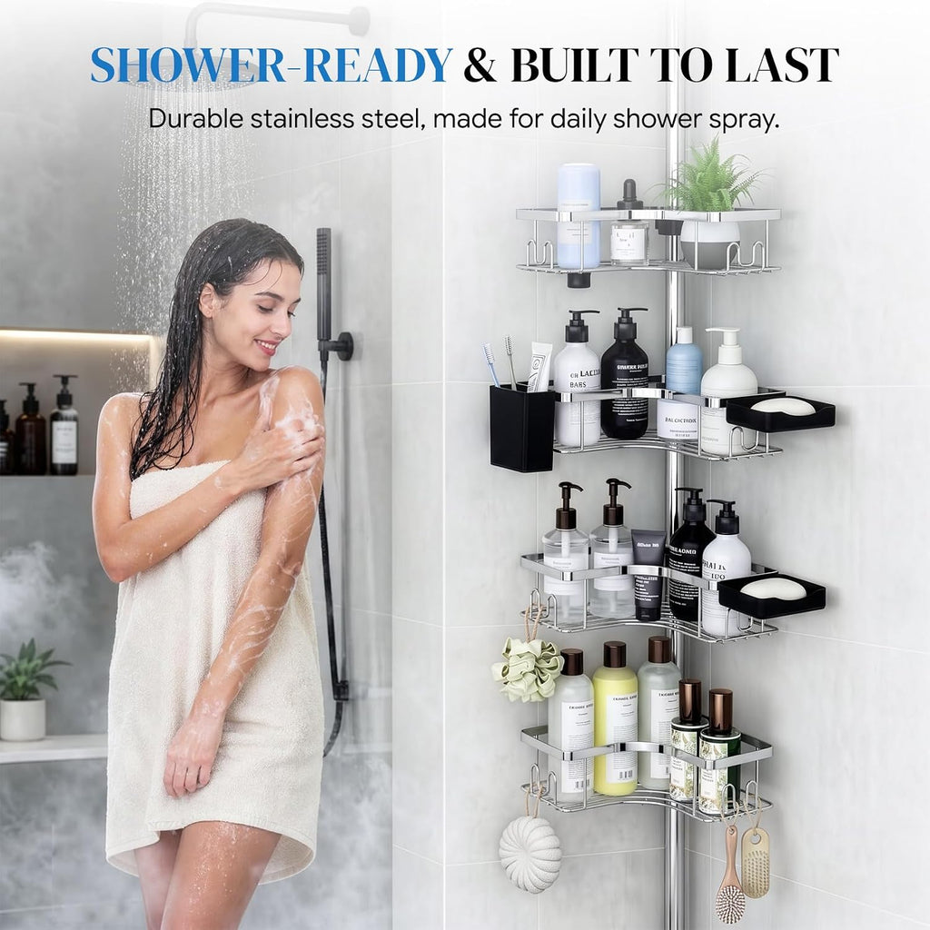 REINHARDT Corner Shower Caddy Tension Pole 4Tier Rustproof Organizer-Silver
