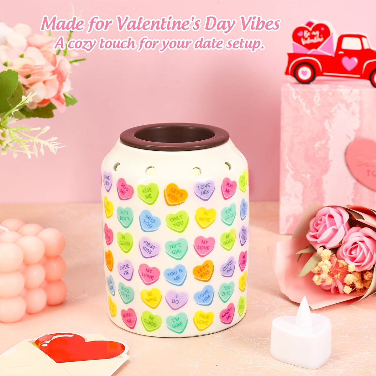 FYSUIMU Valentine' s Day Wax Melt Warmer Scented Candle Melter Candy Color Conversation Heart Electric Burner with Light Bulb for Women Gifts Home Decorations