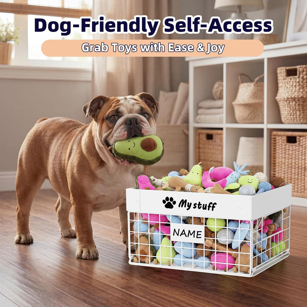Kaiferty Indestructible Large Dog Toy basket, Chew-Proof Medium Toy Bin for Dogs, Pet Toy Bin Dog Metal Basket for Toys, Puppy Toy Storage Organizer Blankets, Toy Box for Living Room Area (White)