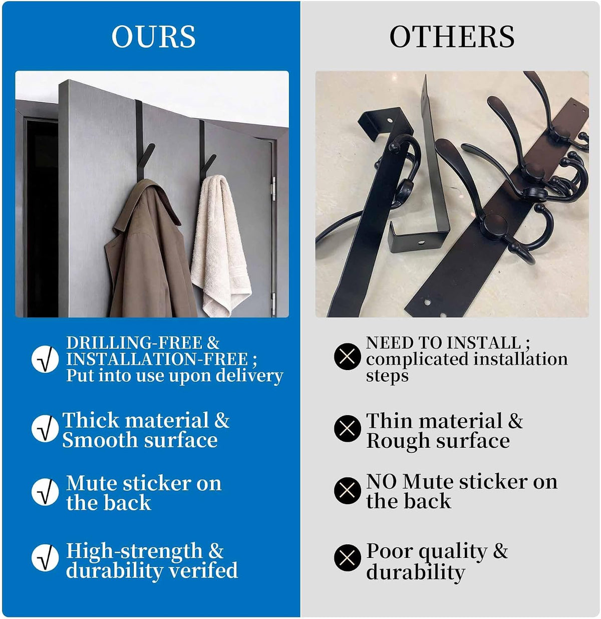 Over The Door Double Hanger Hooks, Metal Twin Hooks Organizer for Hanging Coats, Hats, Robes, Towels - Black - Set of 4