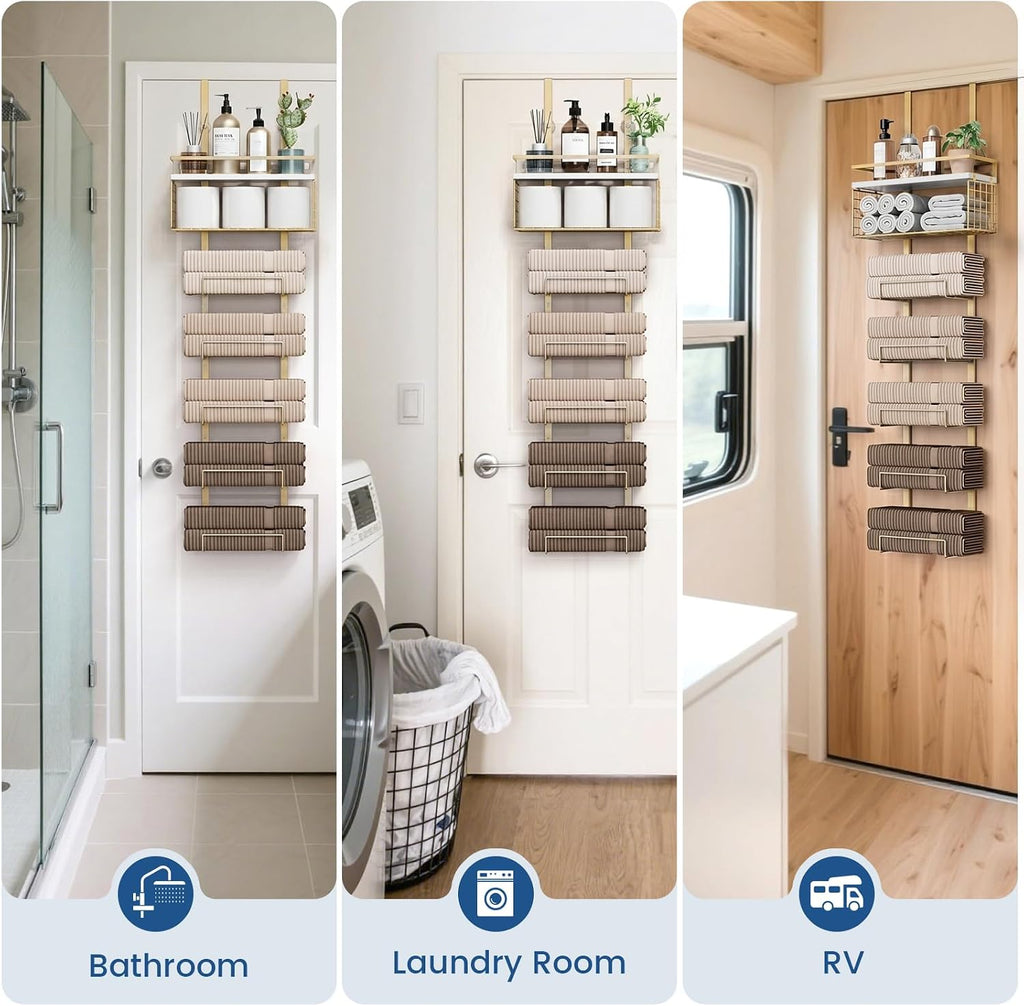 Aetyord Towel Racks for Bathroom Over The Door Towel Racks Towel Storage Organizer with Metal Shelf Basket for Bathroom Rv Camper (7-Tier Gold)