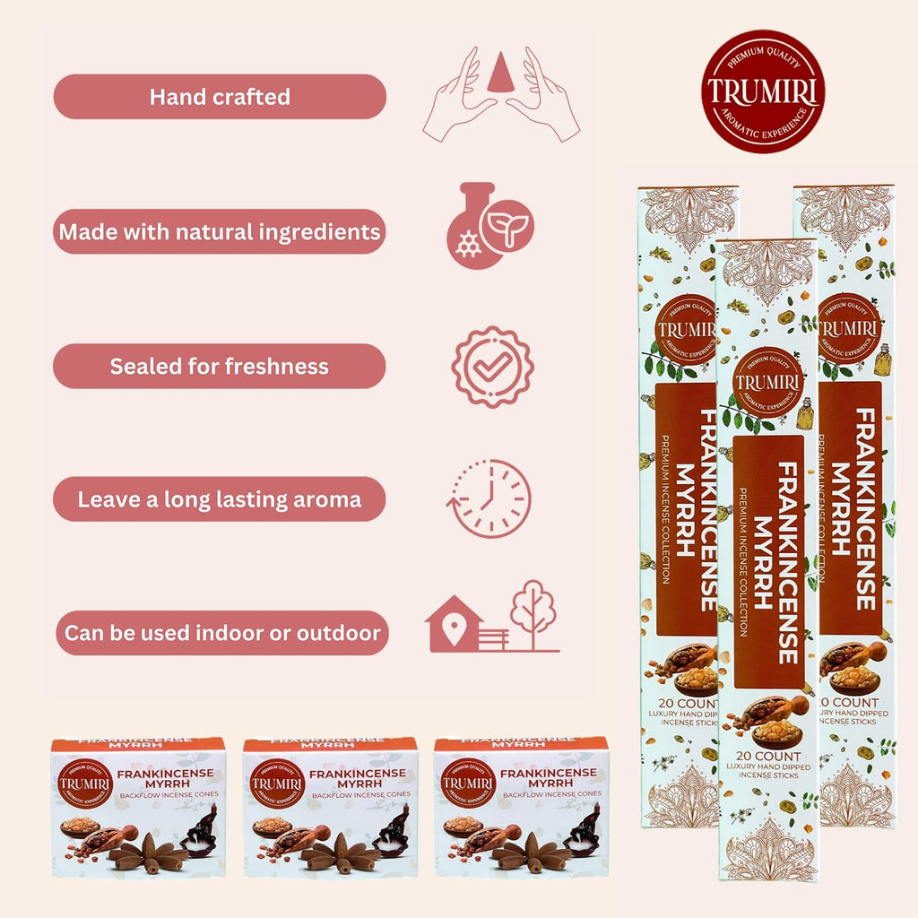 TRUMIRI Frankincense Myrrh Scented Incense Sticks & Backflow Incense Cones for Waterfall Combo Pack - 60 Insence-Sticks + 30 Backflow Cones - Insents - Incense Waterfall Cones - Inscense