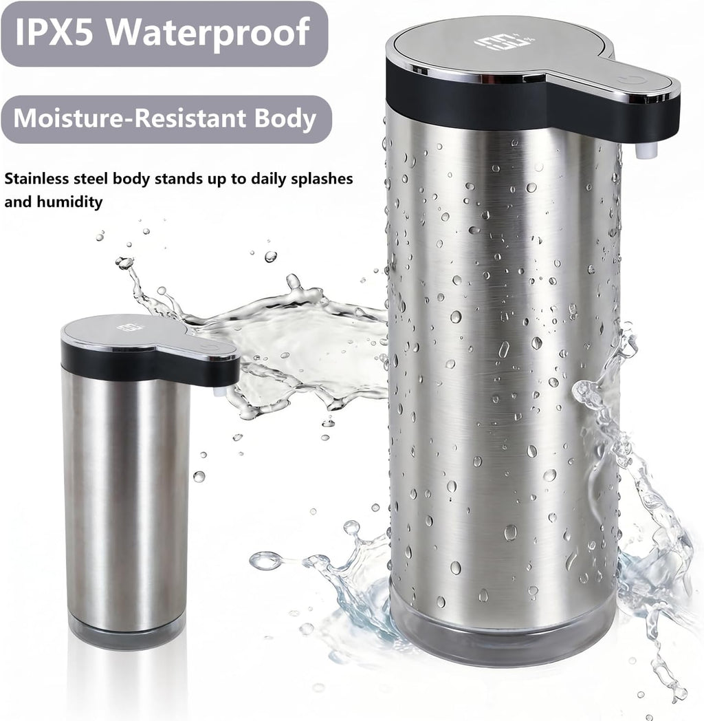 Automatic Foaming Soap Dispenser, Wall Mounted/Countertop Touchless 304 Stainless Steel Hand Soap Dispenser, Type-C Rechargeable LED Display, 4 Levels, IPX5 Waterproof, 12oz Kitchen/Bathroom, Black