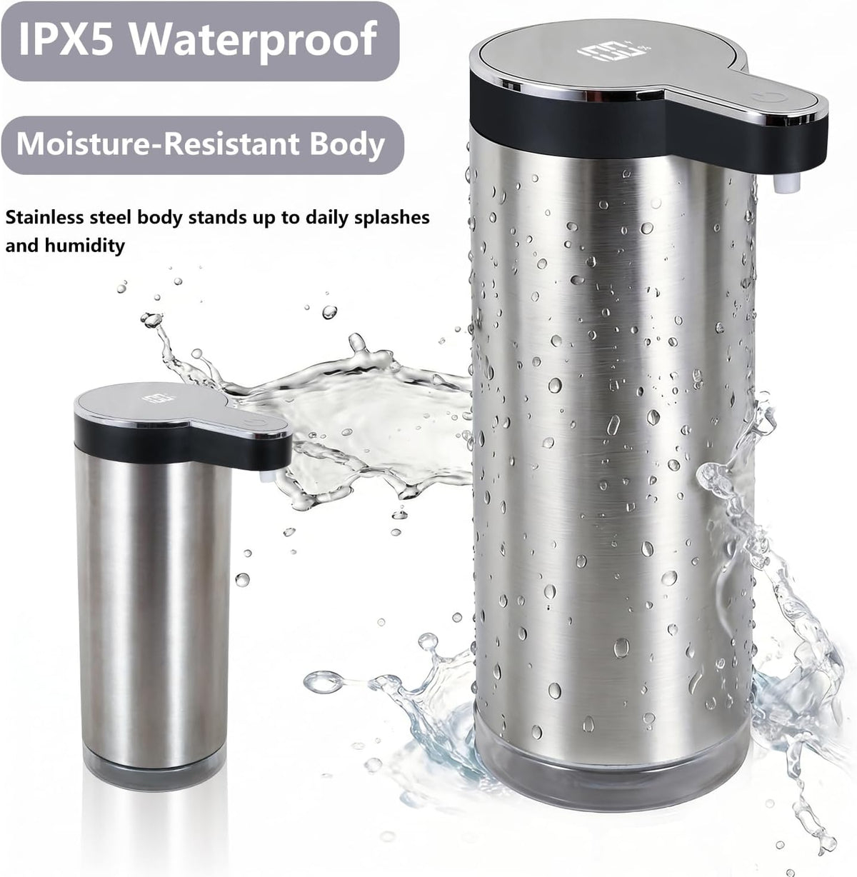 Automatic Foaming Soap Dispenser, Wall Mounted/Countertop Touchless 304 Stainless Steel Hand Soap Dispenser, Type-C Rechargeable LED Display, 4 Levels, IPX5 Waterproof, 12oz Kitchen/Bathroom, Black