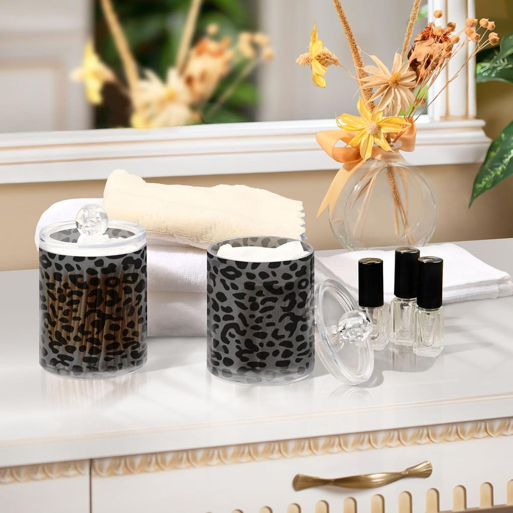 Black Leopard Print Qtip Holder Apothecary Jars Bathroom Storage Floss Makeup Organizer for Cotton Ball Swab Acrylic 2 Packs