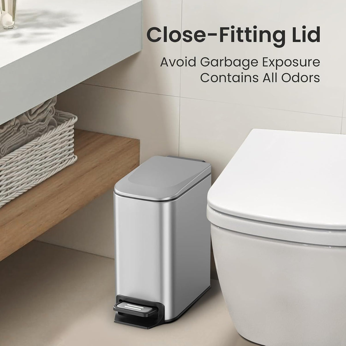 Cesun Small Bathroom Trash Can with Lid, 1.6 Gal, Soft Close, Sliver