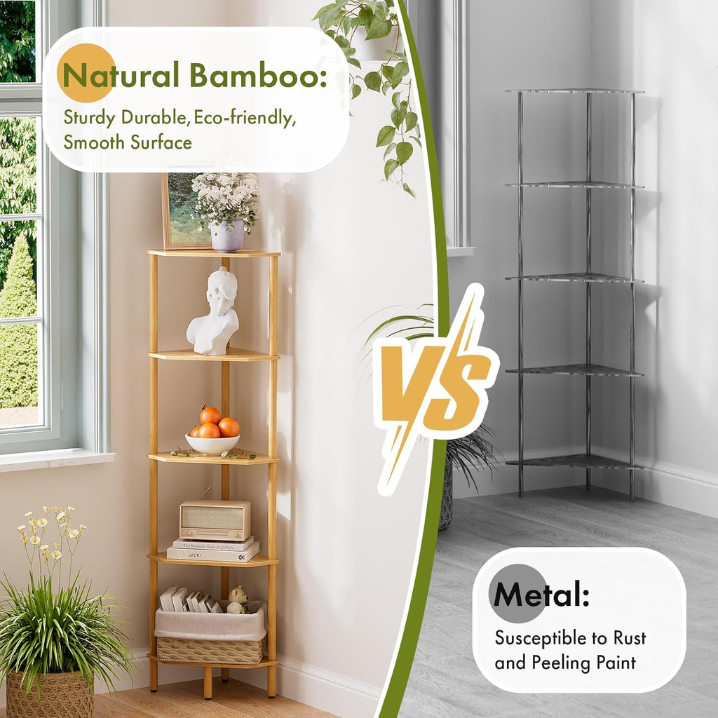Corner Shelf, 5 Tier Bamboo Corner Bookshelf, 54" Tall Narrow Bookcase, Plant Stand, Corner Display Rack, Shower Caddy, Display Standing Shelf Organizer for Bedroom, Living Room, Kitchen, Apartment