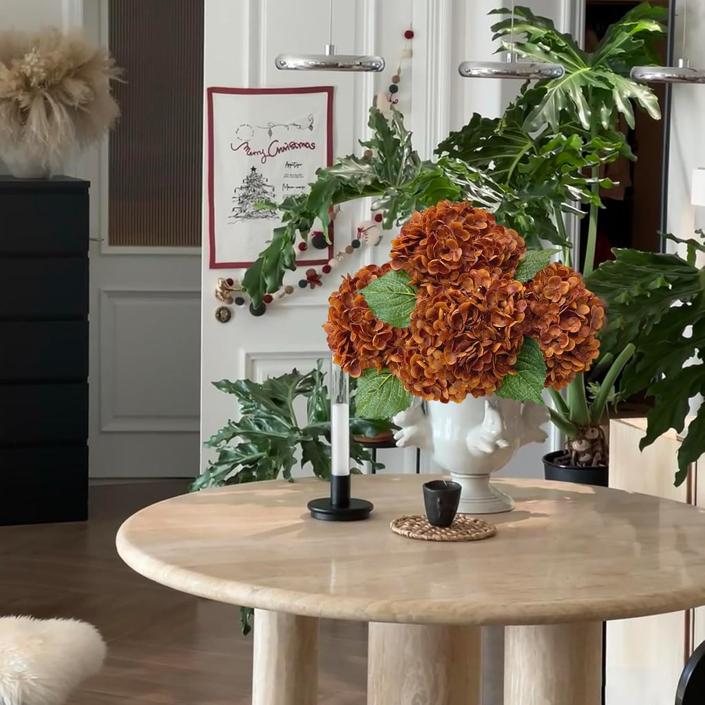 YalzoneMet 3 Pcs Orange Brown Hydrangea Artificial Flowers 21‘’ Real Touch Latex Hydrangea Fake Flowers for Fall Home Decor Party Kitchen Bedroom Bronze Vintage Flower Table Centerpieces